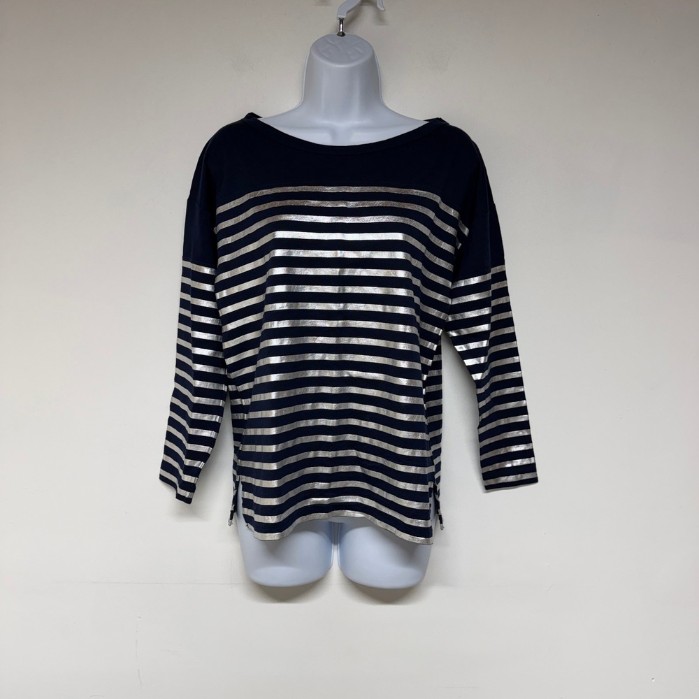 J.Crew Womens Size M Long Sleeve Top 100% Cotton Navy Silver Metallic Striped
